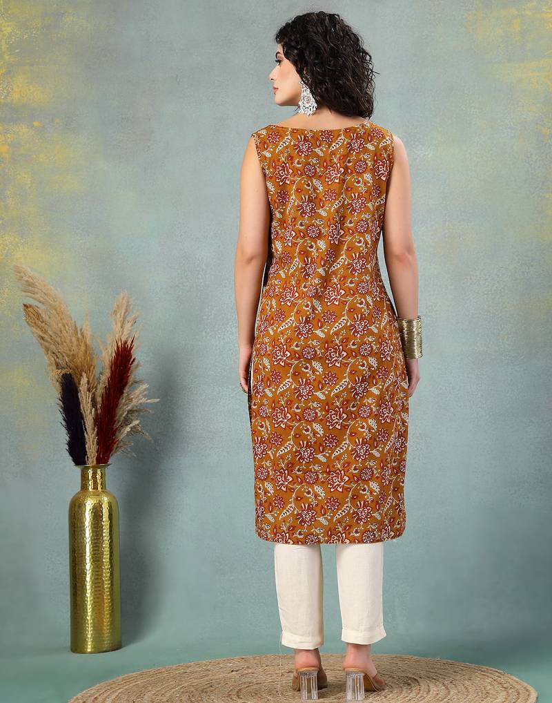 Brown floral printed cotton straight kurta for women