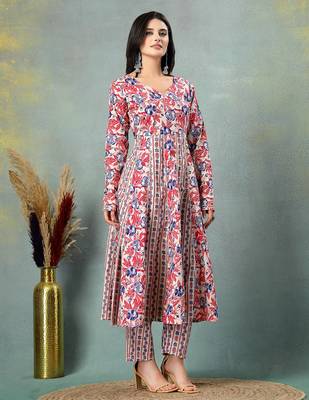 Cream floral printed cotton stitched a-line kurta set with pyjama for women 2