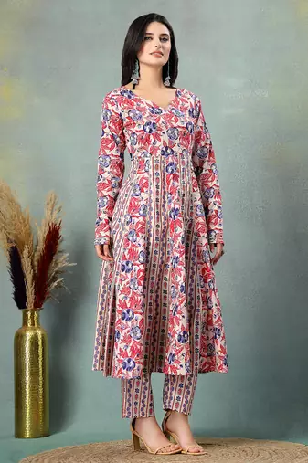 Cream floral printed cotton stitched a-line kurta set with pyjama for women
