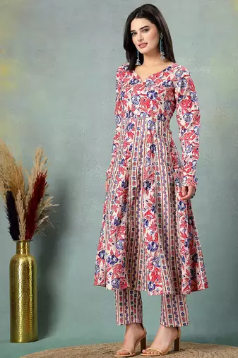 Cream floral printed cotton stitched a-line kurta set with pyjama for women