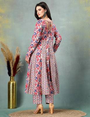 Cream floral printed cotton stitched a-line kurta set with pyjama for women 4