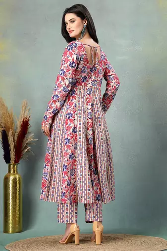 Cream floral printed cotton stitched a-line kurta set with pyjama for women