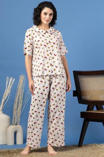 White printed cotton peter pan collar co-ord night suit for women