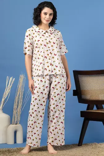 White printed cotton peter pan collar co-ord night suit for women