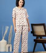 White printed cotton peter pan collar co-ord night suit for women