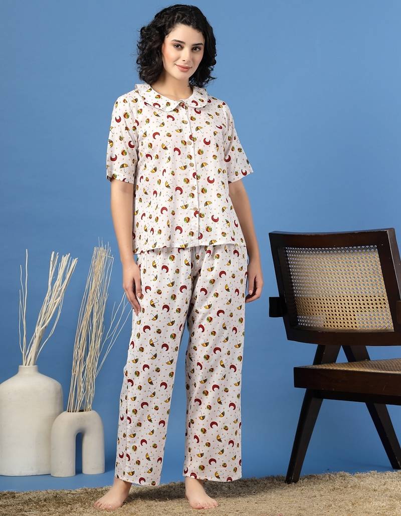 White printed cotton peter pan collar co-ord night suit for women
