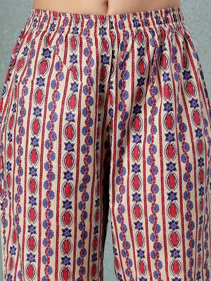 Cream floral printed cotton stitched a-line kurta set with pyjama for women 5