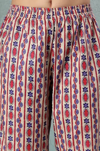 Cream floral printed cotton stitched a-line kurta set with pyjama for women