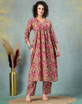 Brown floral printed cotton stitched a-line kurta set with pyjama for women 1
