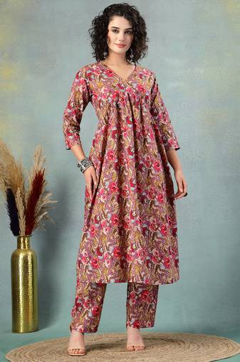 Brown floral printed cotton stitched a-line kurta set with pyjama for women