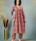 Brown floral printed cotton stitched a-line kurta set with pyjama for women