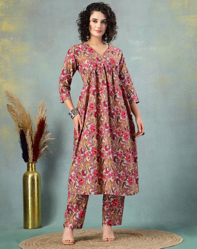 Brown floral printed cotton stitched a-line kurta set with pyjama for women