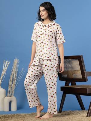 White printed cotton peter pan collar co-ord night suit for women 2