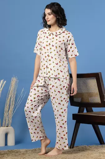 White printed cotton peter pan collar co-ord night suit for women