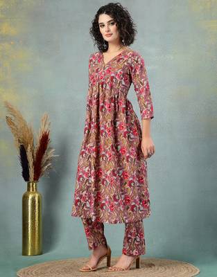 Brown floral printed cotton stitched a-line kurta set with pyjama for women 2