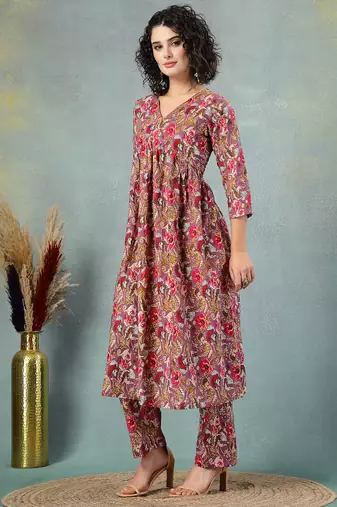 Brown floral printed cotton stitched a-line kurta set with pyjama for women