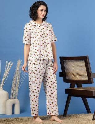 White printed cotton peter pan collar co-ord night suit for women 3