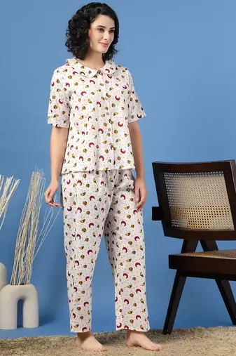 White printed cotton peter pan collar co-ord night suit for women