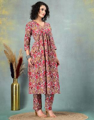 Brown floral printed cotton stitched a-line kurta set with pyjama for women 3