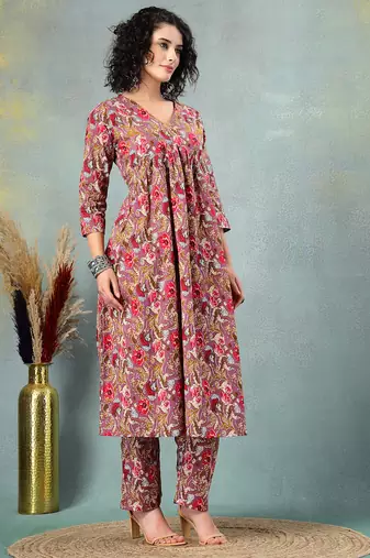 Brown floral printed cotton stitched a-line kurta set with pyjama for women