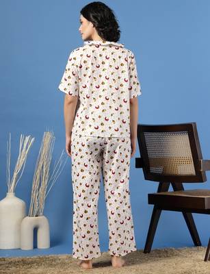 White printed cotton peter pan collar co-ord night suit for women 4