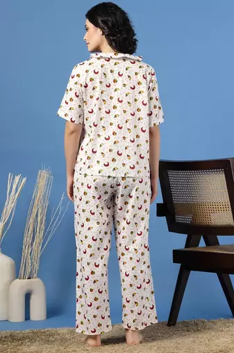 White printed cotton peter pan collar co-ord night suit for women