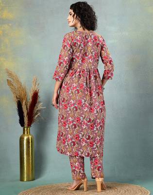 Brown floral printed cotton stitched a-line kurta set with pyjama for women 4