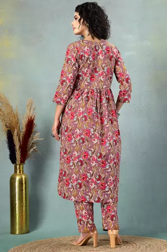 Brown floral printed cotton stitched a-line kurta set with pyjama for women