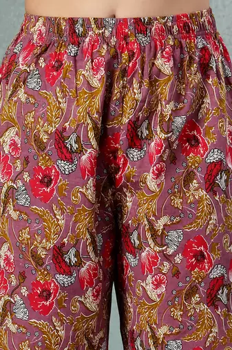 Brown floral printed cotton stitched a-line kurta set with pyjama for women
