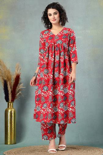 Red floral printed cotton stitched a-line kurta set with pyjama for women