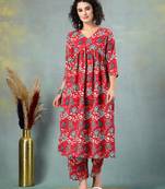 Red floral printed cotton stitched a-line kurta set with pyjama for women