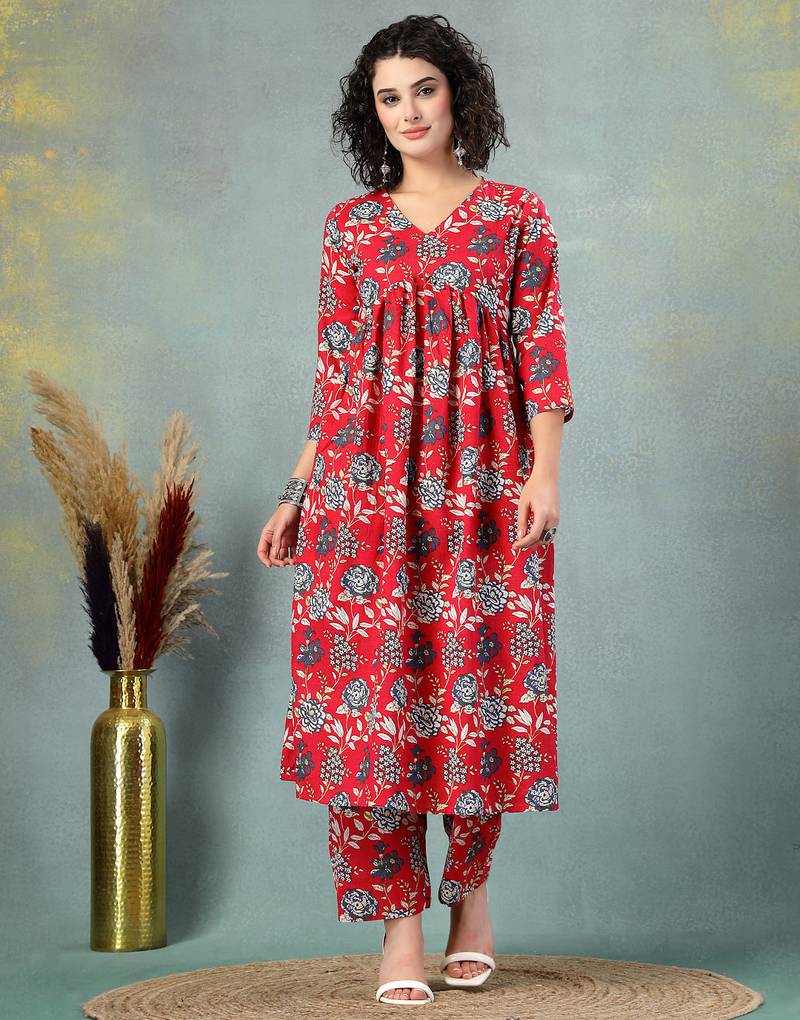 Red floral printed cotton stitched a-line kurta set with pyjama for women