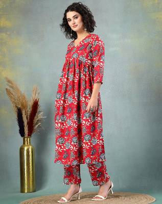Red floral printed cotton stitched a-line kurta set with pyjama for women 2