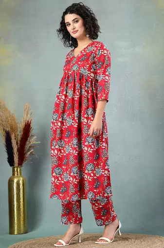 Red floral printed cotton stitched a-line kurta set with pyjama for women