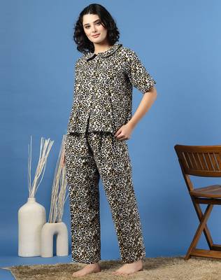 Multicolor printed cotton peter pan collar co-ord night suit for women 3