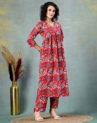 Red floral printed cotton stitched a-line kurta set with pyjama for women 3