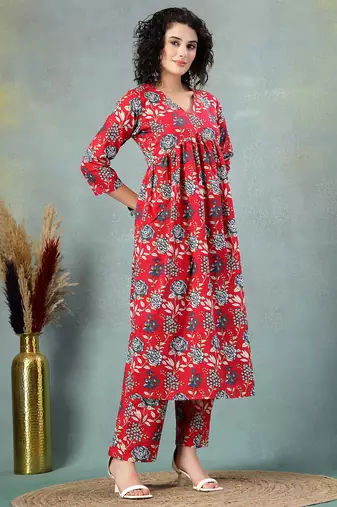 Red floral printed cotton stitched a-line kurta set with pyjama for women