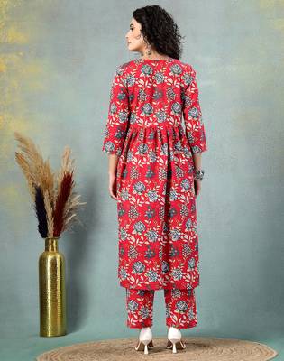 Red floral printed cotton stitched a-line kurta set with pyjama for women 4