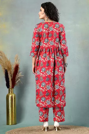 Red floral printed cotton stitched a-line kurta set with pyjama for women