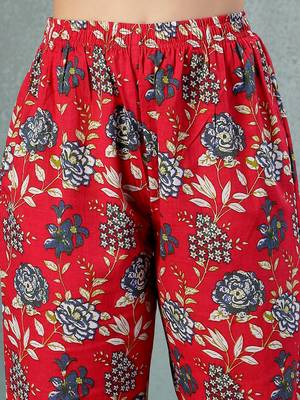 Red floral printed cotton stitched a-line kurta set with pyjama for women 5