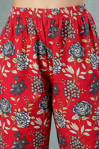Red floral printed cotton stitched a-line kurta set with pyjama for women