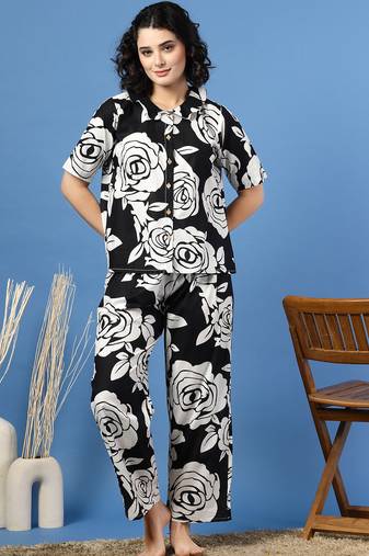 Black printed cotton peter pan collar co-ord night suit for women
