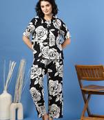 Black printed cotton peter pan collar co-ord night suit for women