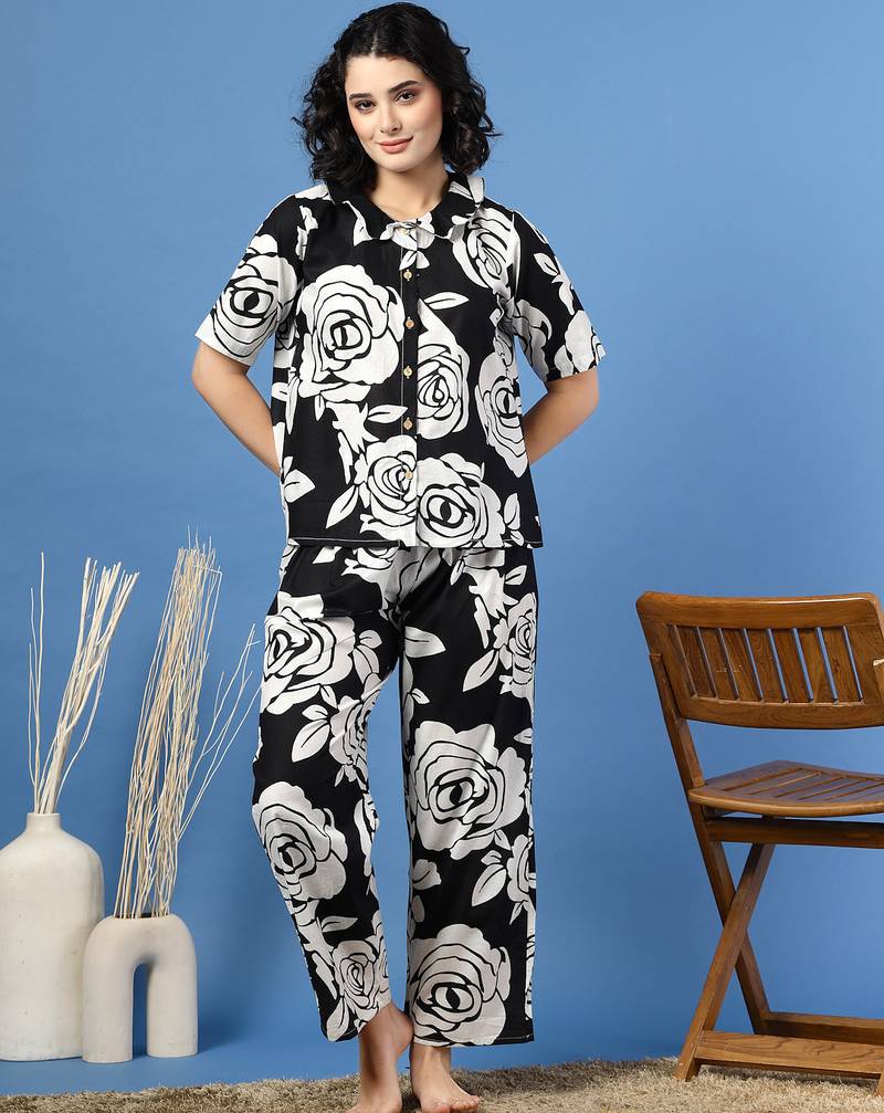 Black printed cotton peter pan collar co-ord night suit for women