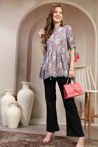 Sky-blue floral printed cotton flared top for women