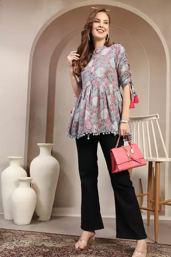 Sky-blue floral printed cotton flared top for women