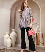 Sky-blue floral printed cotton flared top for women