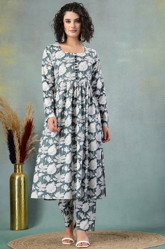 Grey floral printed cotton stitched a-line kurta set with pyjama for women