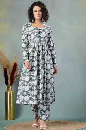 Grey floral printed cotton stitched a-line kurta set with pyjama for women