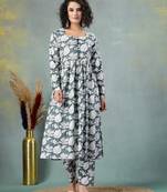 Grey floral printed cotton stitched a-line kurta set with pyjama for women